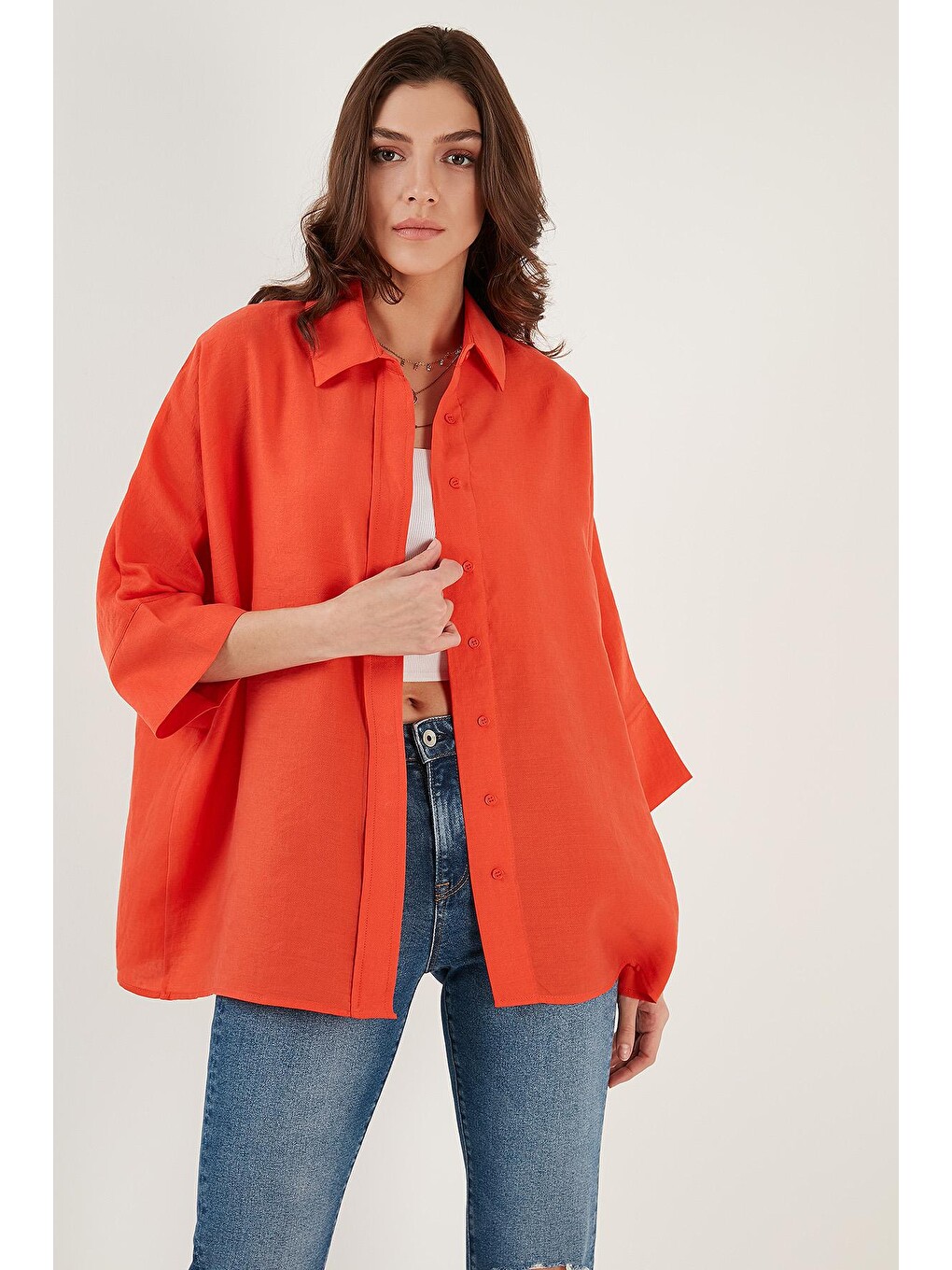 Turuncu Truvakar Kol Oversize Yazlık Kadın Gömlek 514344038-2