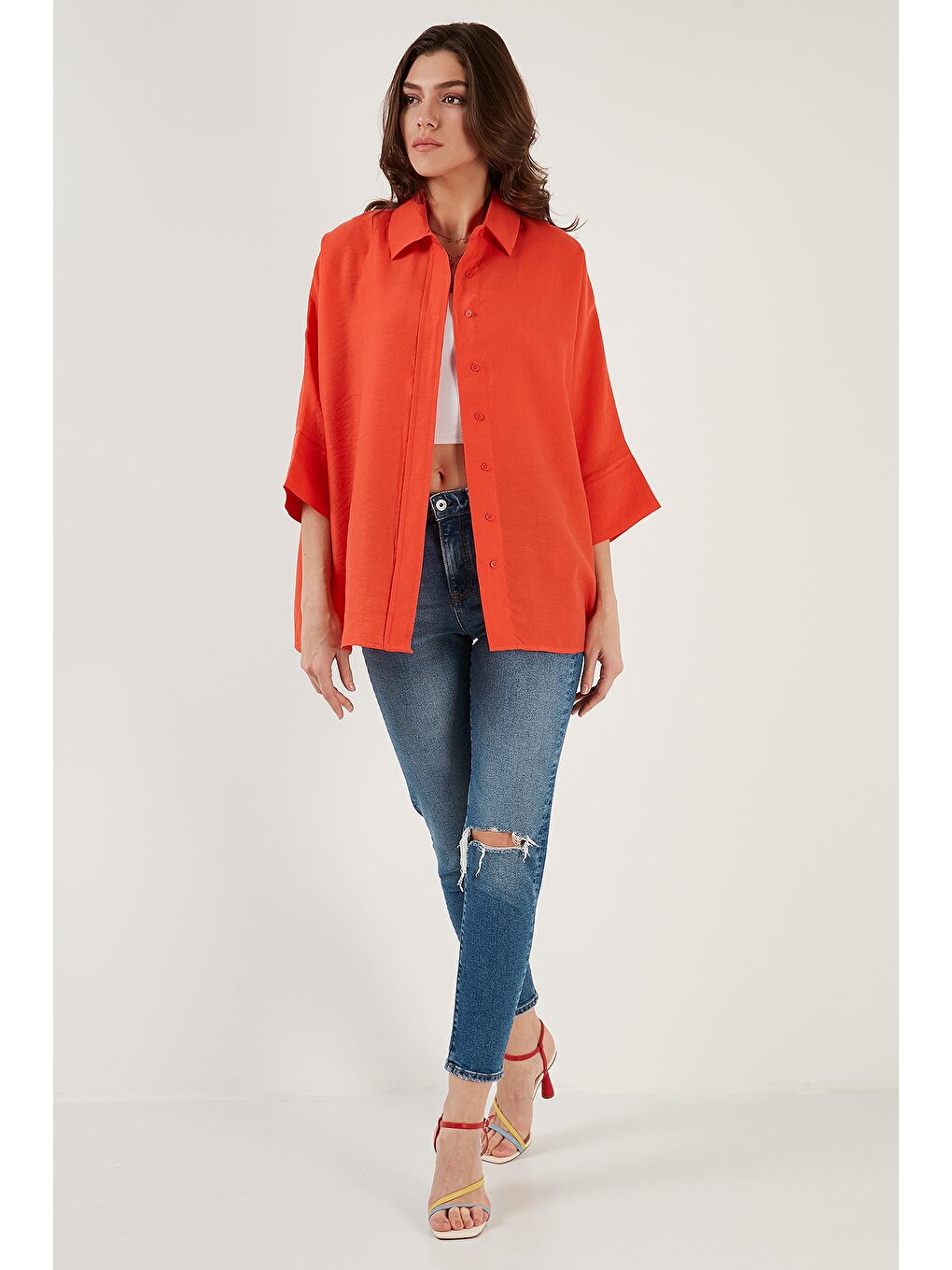 Turuncu Truvakar Kol Oversize Yazlık Kadın Gömlek 514344038-3