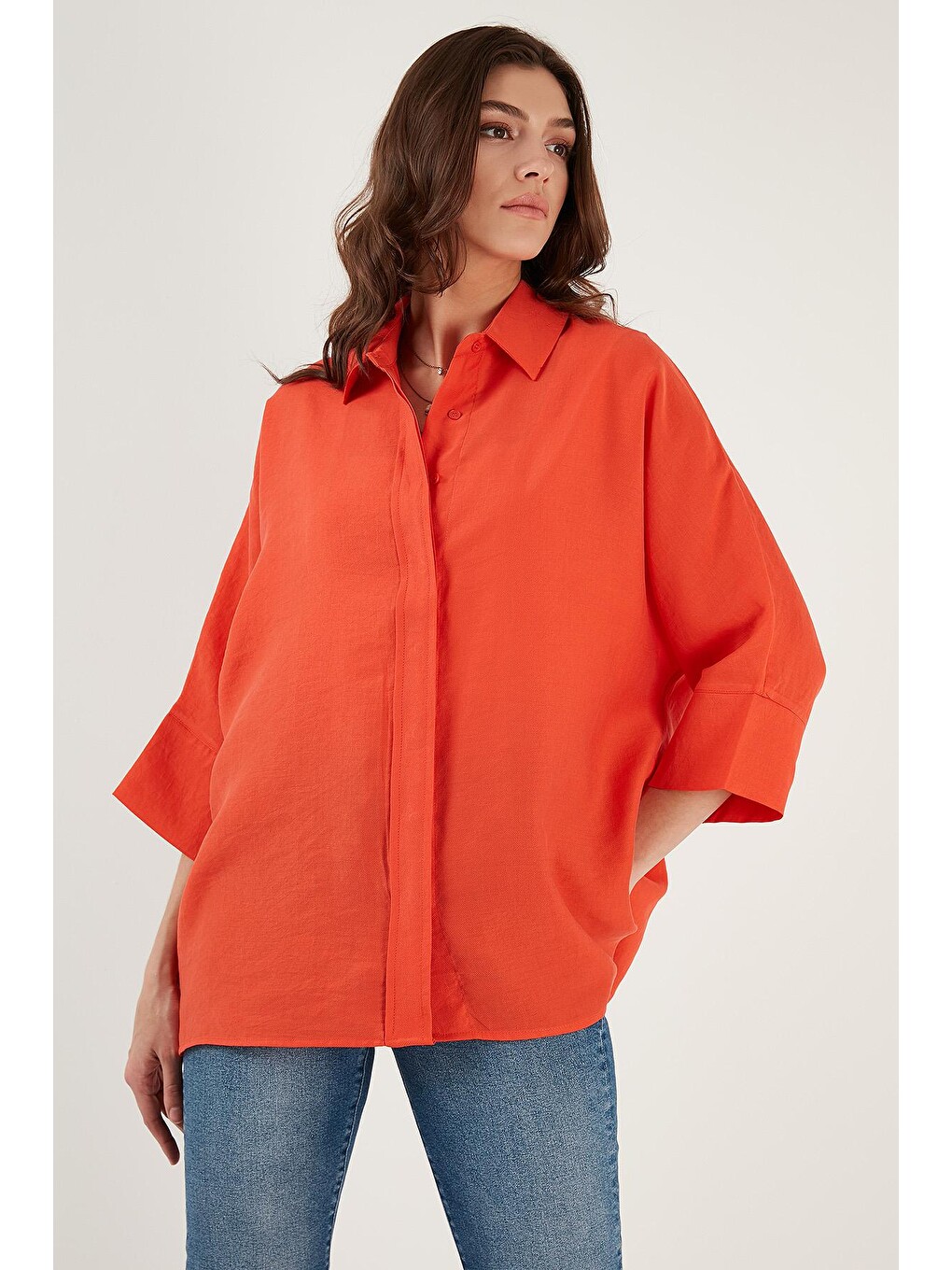 Turuncu Truvakar Kol Oversize Yazlık Kadın Gömlek 514344038-4