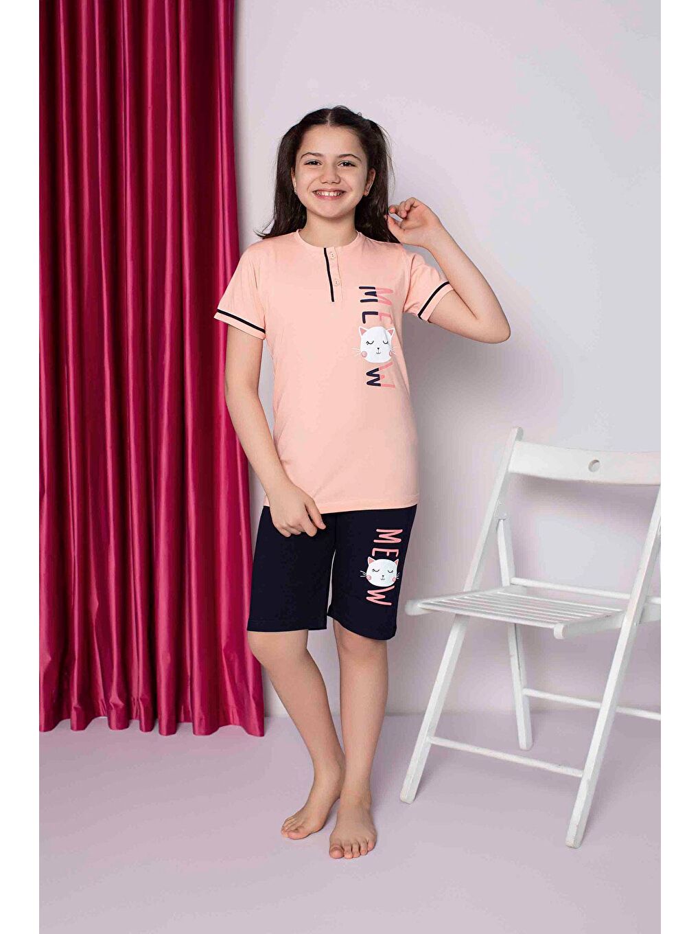 Mercan Kız Çocuk Penye Kısa Kollu Kaprili Pijama Takımı | Yavruağzı 2667