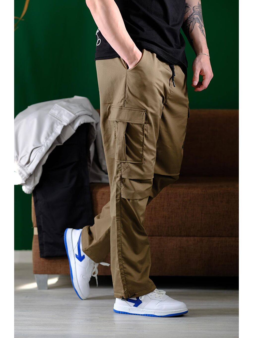 Haki Masi Baggy Kort Paraşüt Düz İpli Paça Kargo Cepli Erkek Eşofman Alt
