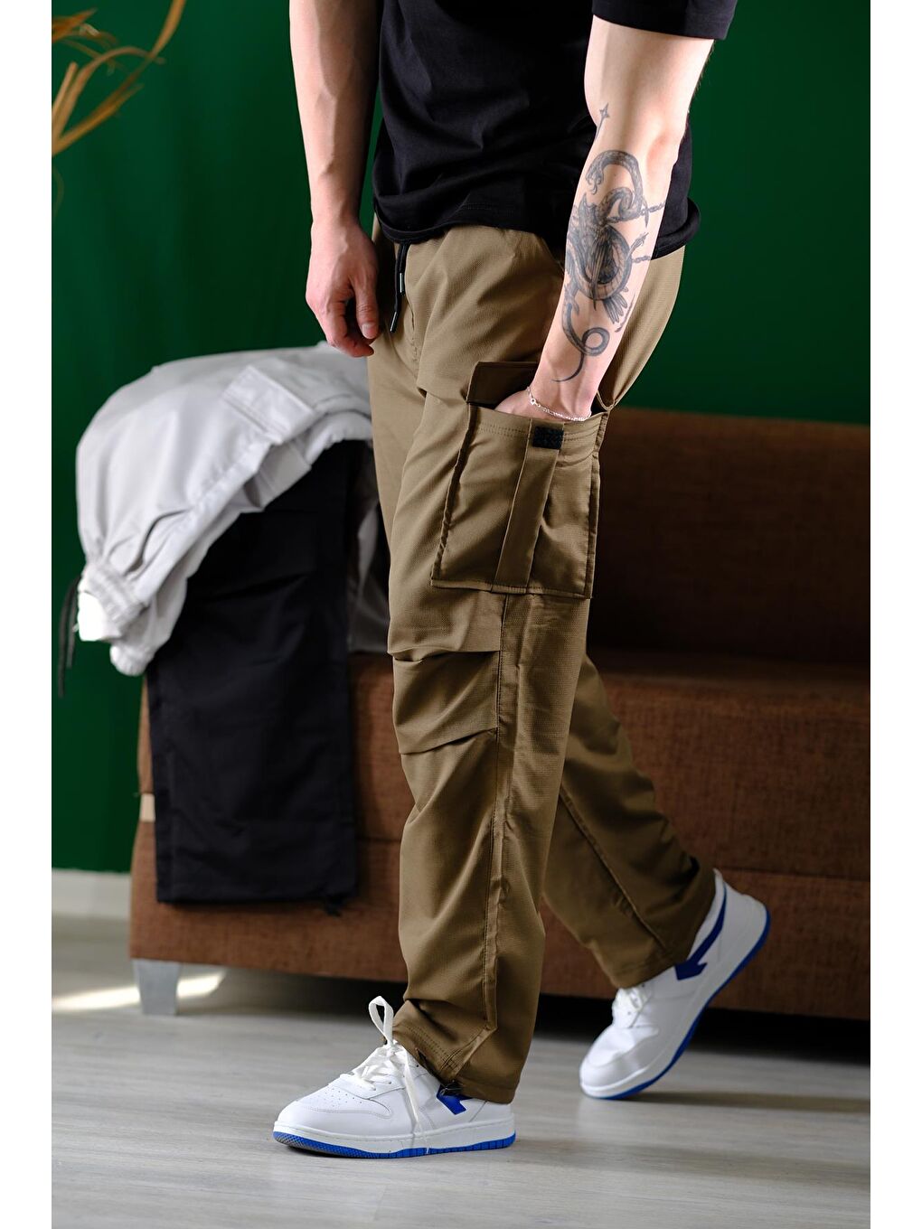 Haki Masi Baggy Kort Paraşüt Düz İpli Paça Kargo Cepli Erkek Eşofman Alt-2