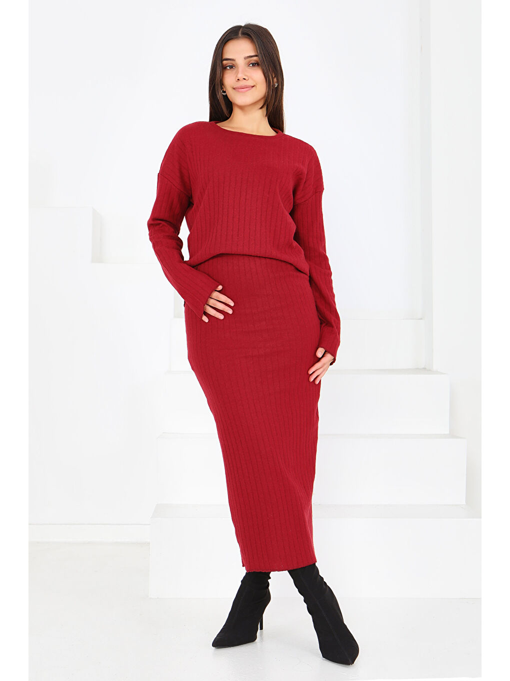 İnterlok Bluz Etekli Takım Bordo - 27814-BORDO-1