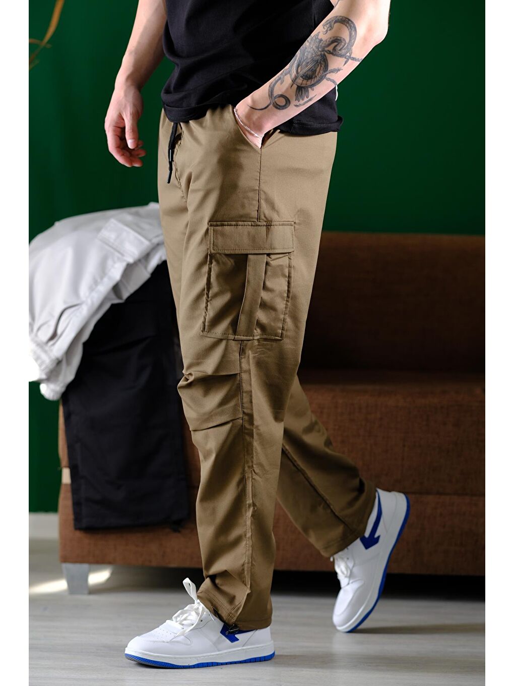 Haki Masi Baggy Kort Paraşüt Düz İpli Paça Kargo Cepli Erkek Eşofman Alt-4