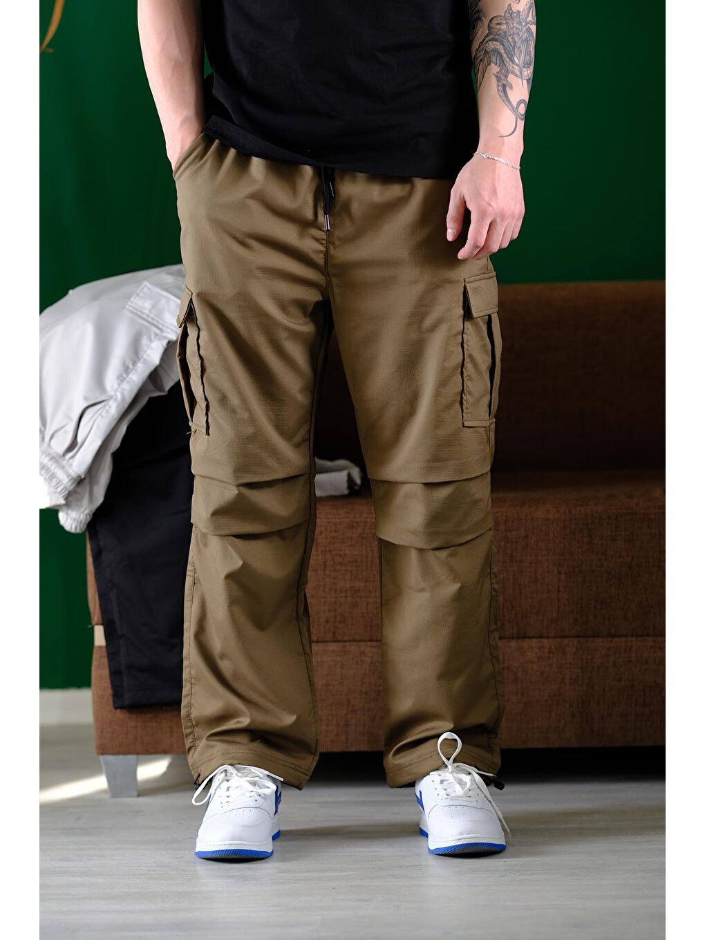 Haki Masi Baggy Kort Paraşüt Düz İpli Paça Kargo Cepli Erkek Eşofman Alt-5