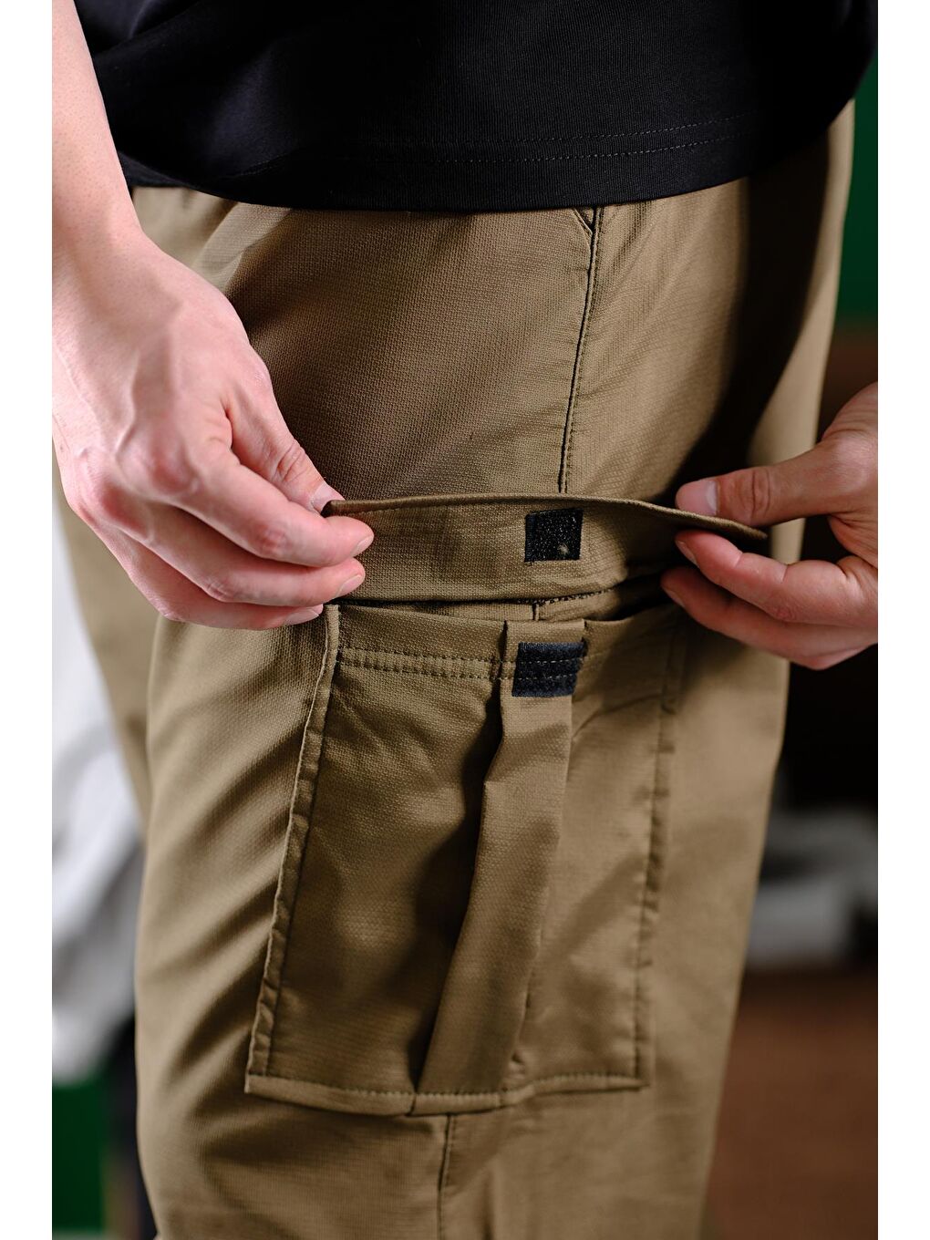 Haki Masi Baggy Kort Paraşüt Düz İpli Paça Kargo Cepli Erkek Eşofman Alt-6