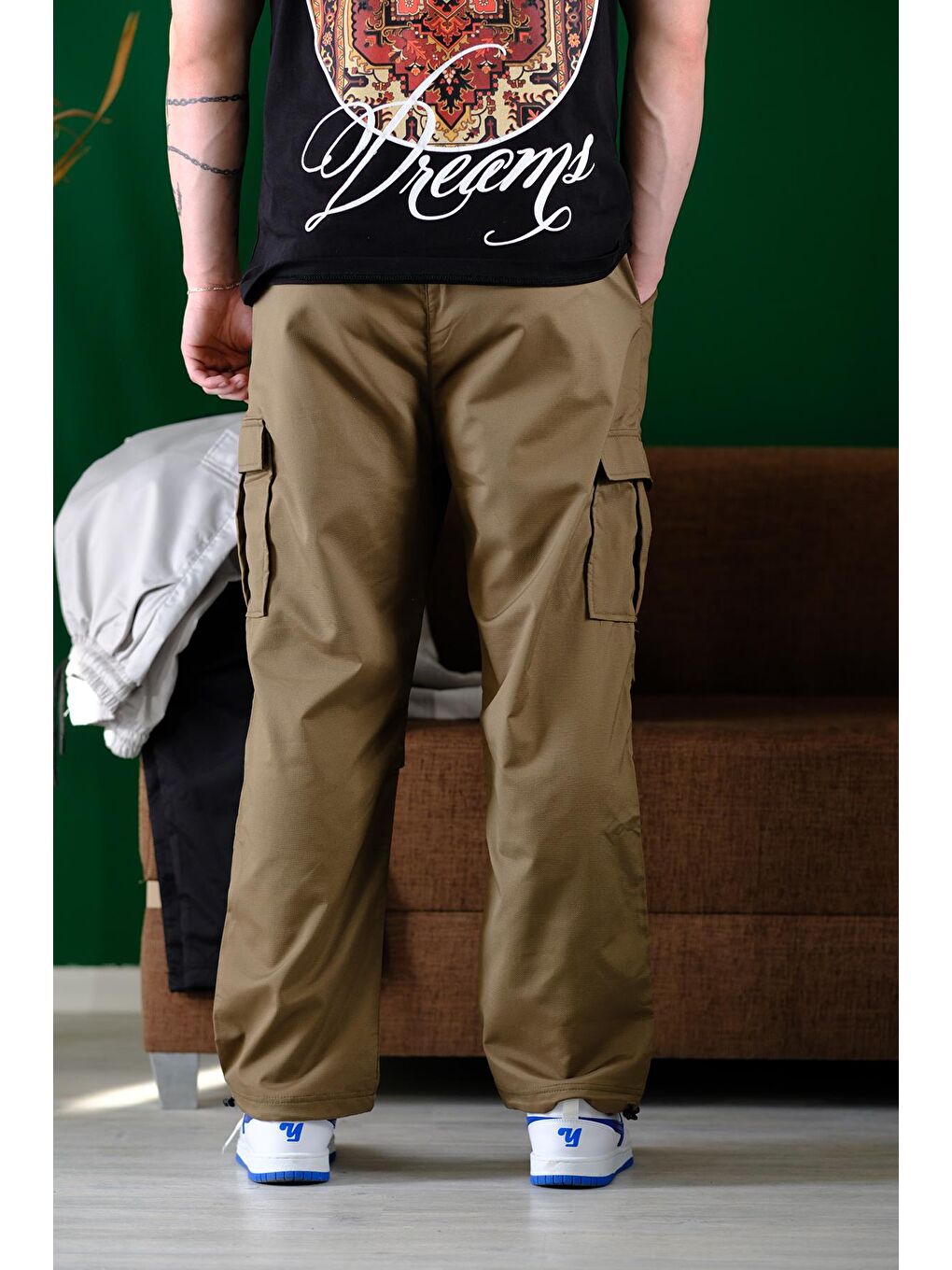 Haki Masi Baggy Kort Paraşüt Düz İpli Paça Kargo Cepli Erkek Eşofman Alt-7