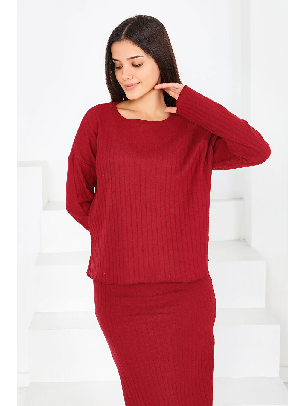 İnterlok Bluz Etekli Takım Bordo - 27814-BORDO-2