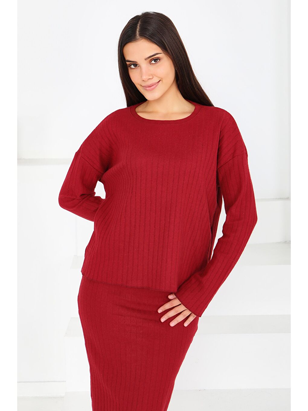 İnterlok Bluz Etekli Takım Bordo - 27814-BORDO-3