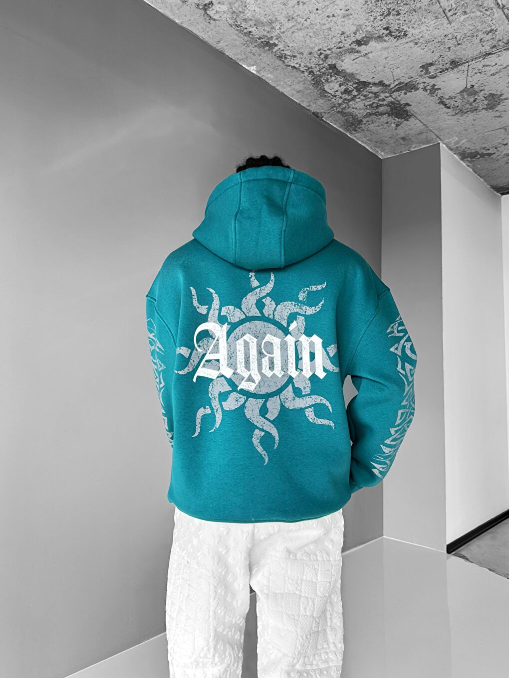 Erkek Oversize 'Again' Baskılı Sweatshirt Yeşil-2
