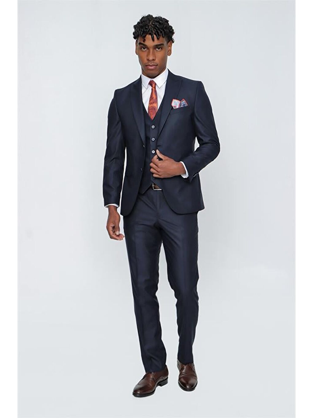 Koyu Lacivert Gabardin Kırlangıç Yaka Yelekli 6 Drop Slim Fit Takım Elbise 1001225176-1