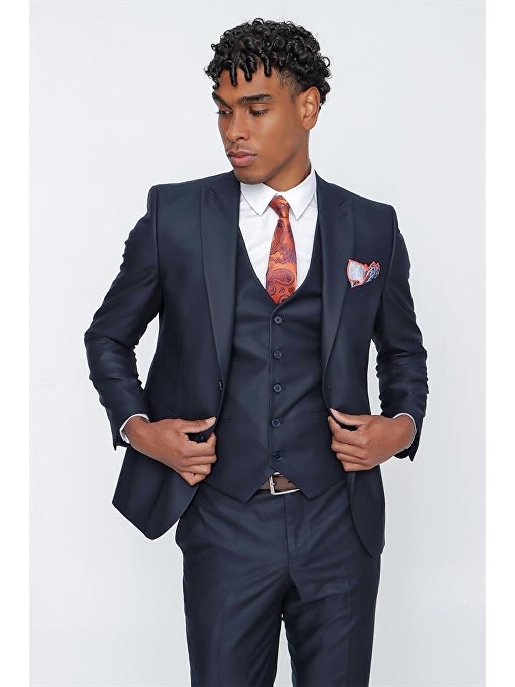 Koyu Lacivert Gabardin Kırlangıç Yaka Yelekli 6 Drop Slim Fit Takım Elbise 1001225176-2