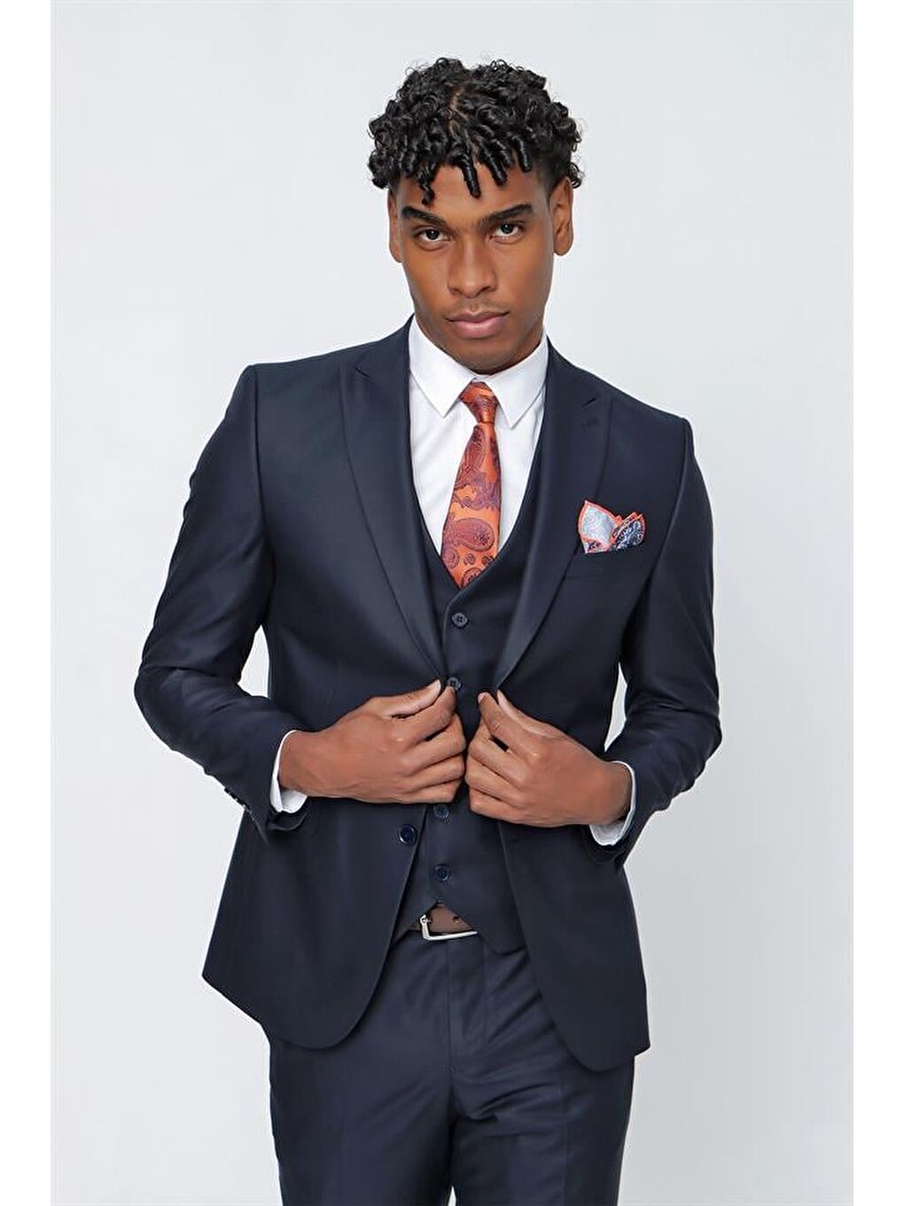 Koyu Lacivert Gabardin Kırlangıç Yaka Yelekli 6 Drop Slim Fit Takım Elbise 1001225176-3