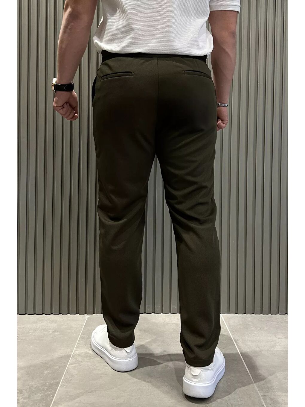 Haki Bel Bağcıklı Düz Paça Erkek Jogger Pantolon-2