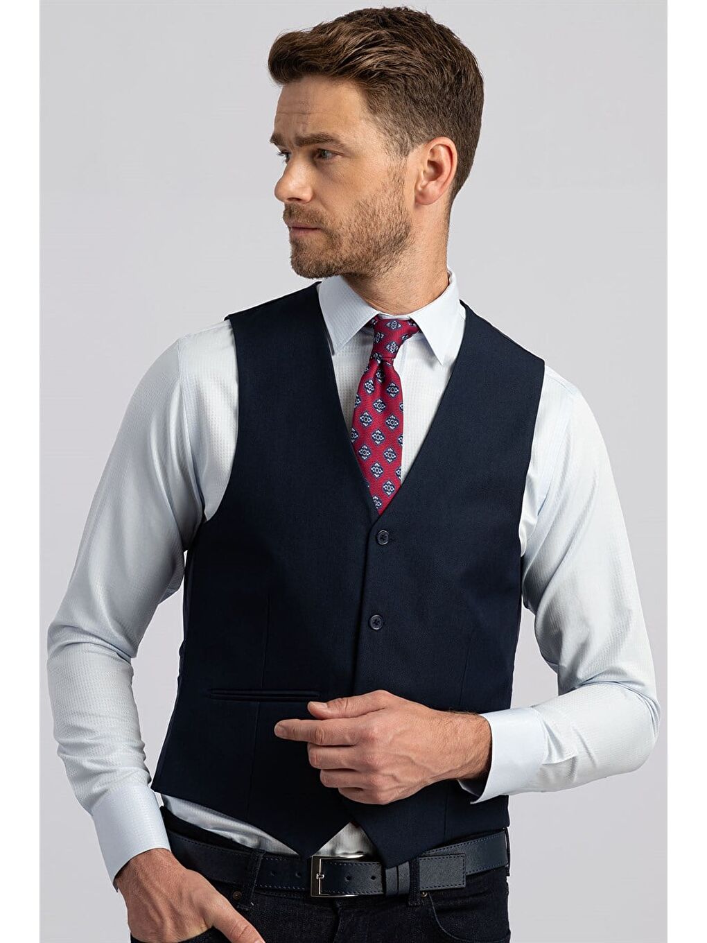 Erkek Slim Fit Düz Cepli Lacivert Yelek-2