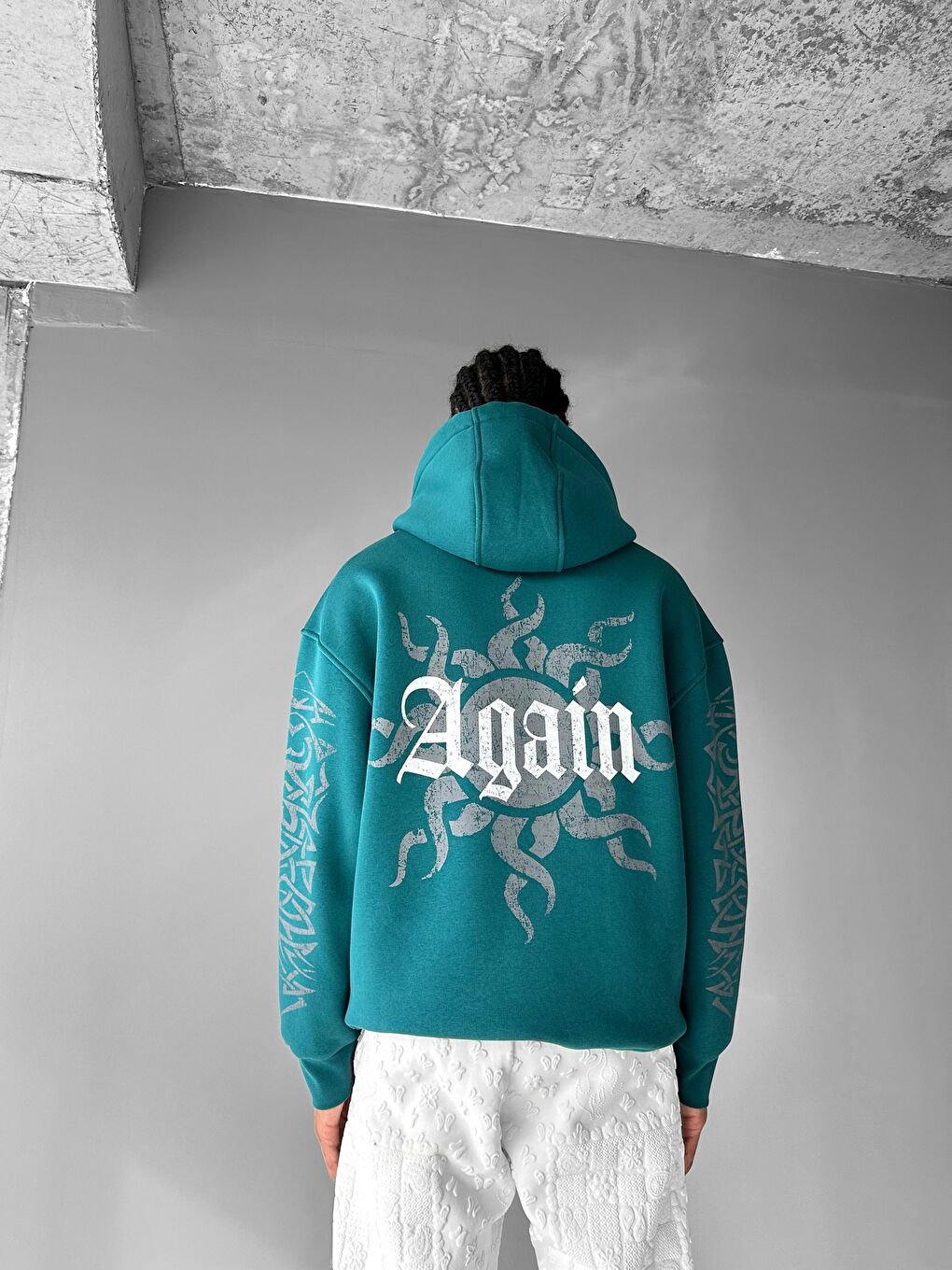 Erkek Oversize 'Again' Baskılı Sweatshirt Yeşil-3
