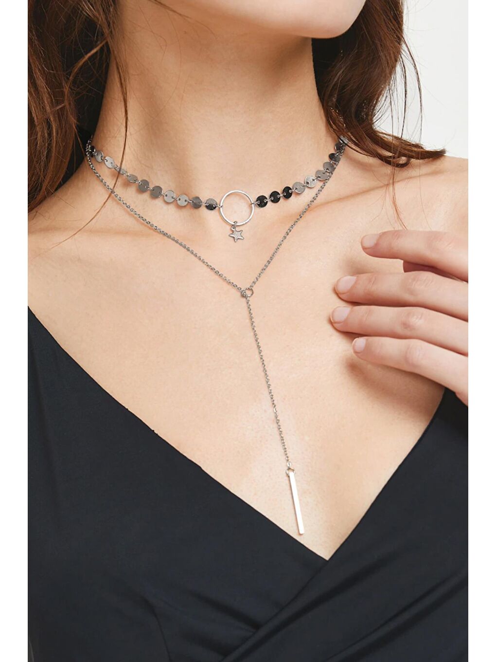 Gri Silver Bono İki Katlı Gümüş Rengi Kolye