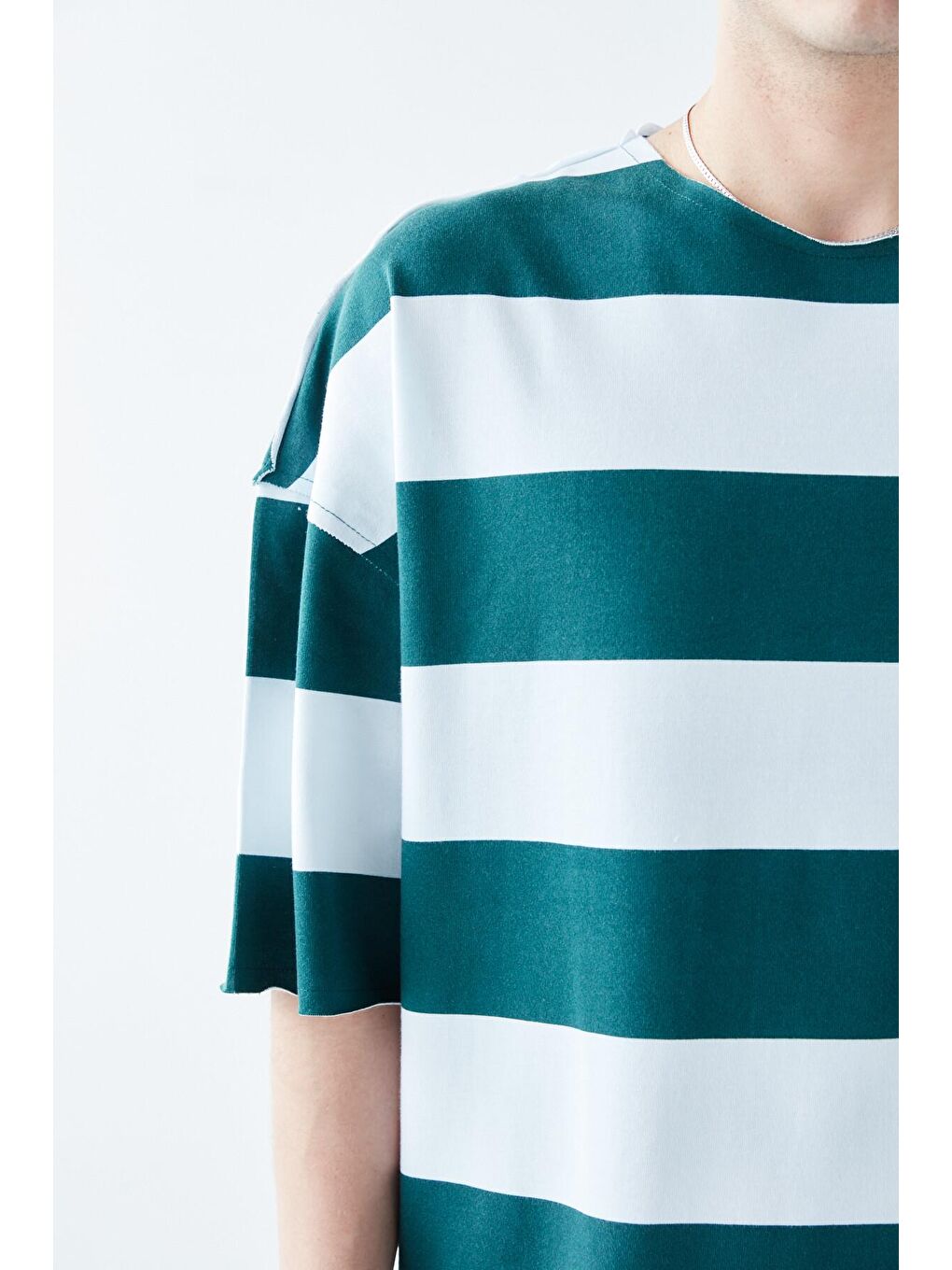 Dijital Baskılı Şeritli %100 Pamuk Oversize Tişört Petrol-3