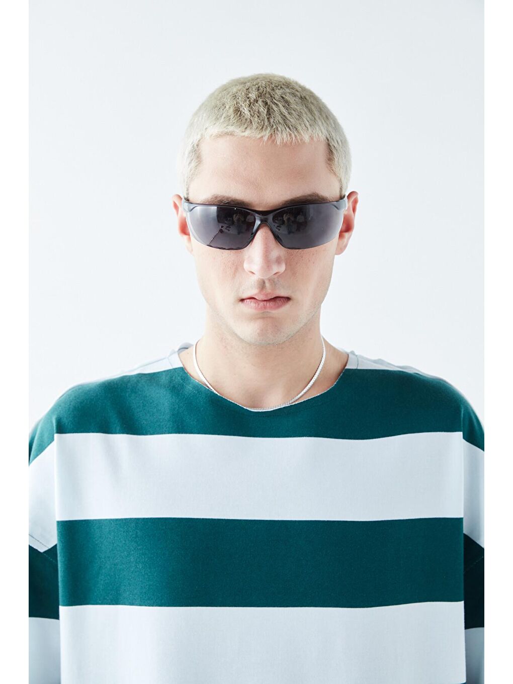 Dijital Baskılı Şeritli %100 Pamuk Oversize Tişört Petrol-4