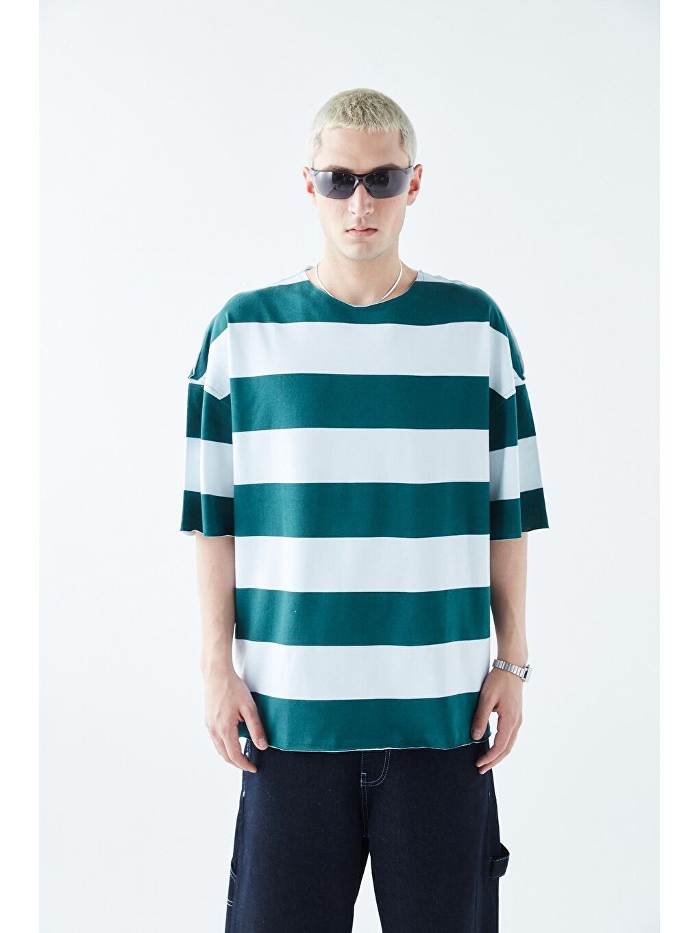 Dijital Baskılı Şeritli %100 Pamuk Oversize Tişört Petrol-5