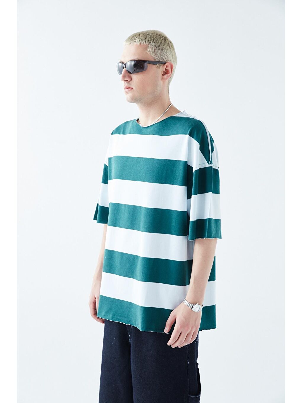 Dijital Baskılı Şeritli %100 Pamuk Oversize Tişört Petrol-6