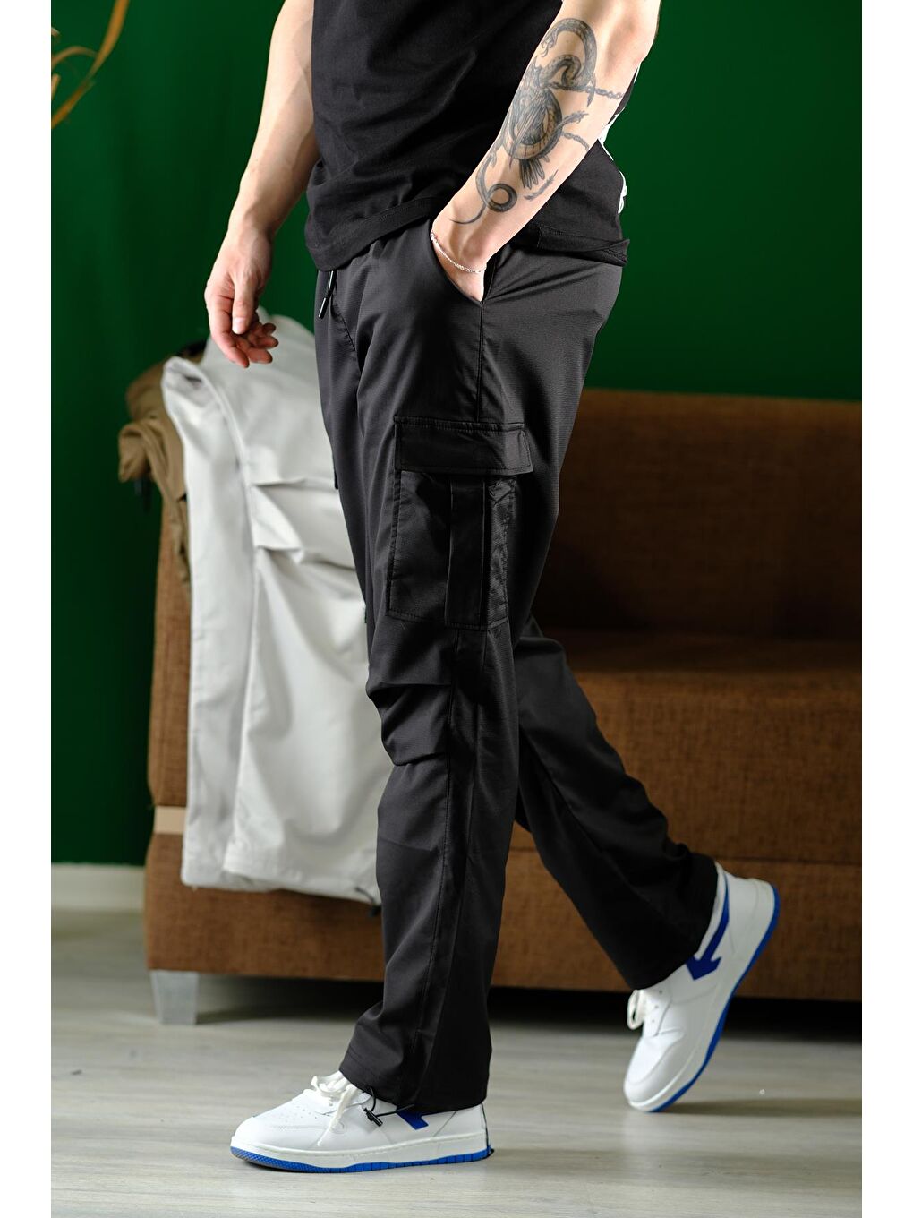 Siyah Masi Baggy Kort Paraşüt Düz İpli Paça Kargo Cepli Erkek Eşofman Alt-2