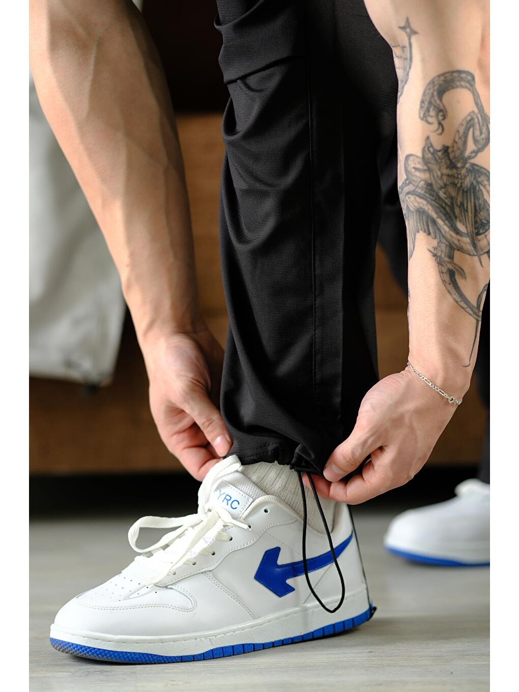 Siyah Masi Baggy Kort Paraşüt Düz İpli Paça Kargo Cepli Erkek Eşofman Alt-4