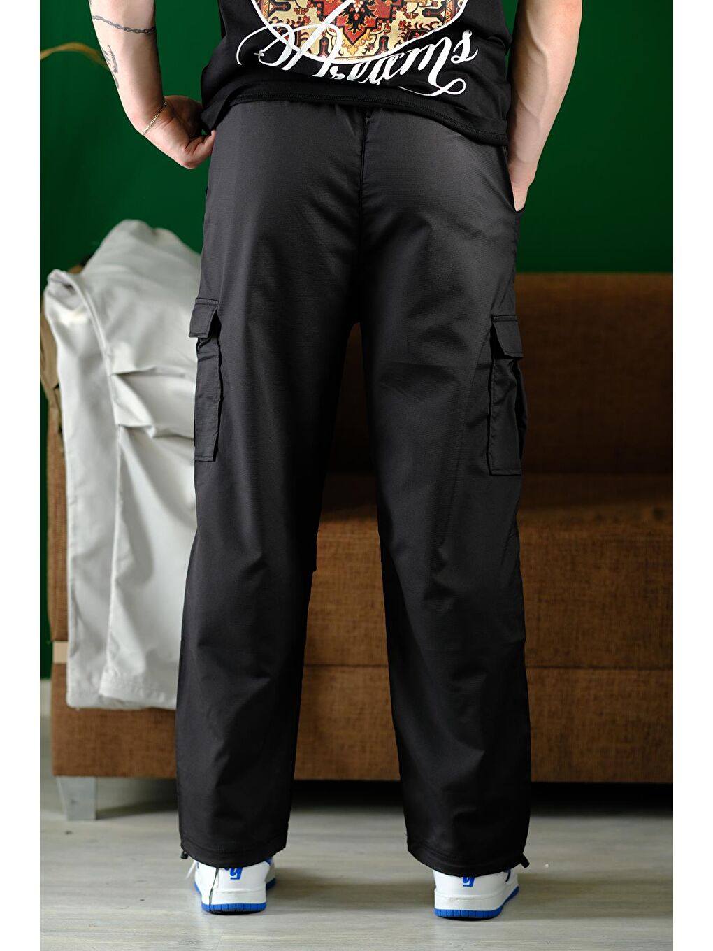 Siyah Masi Baggy Kort Paraşüt Düz İpli Paça Kargo Cepli Erkek Eşofman Alt-6