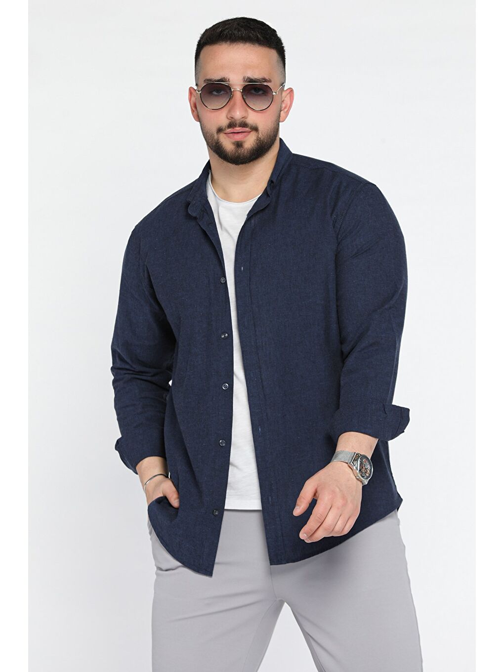 Lacivert Uzun Kol Erkek Keten Gömlek