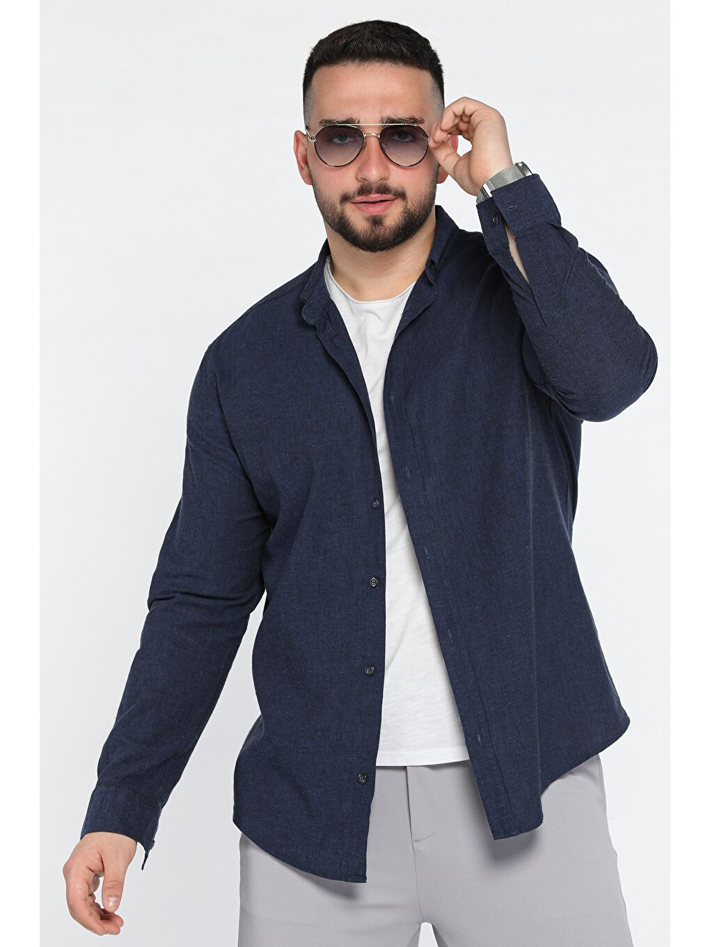 Lacivert Uzun Kol Erkek Keten Gömlek-1