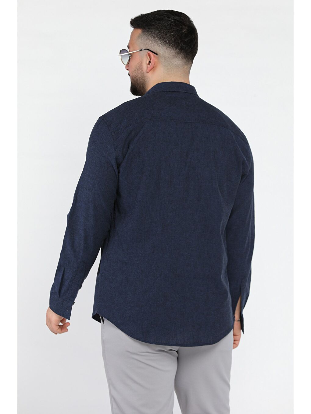 Lacivert Uzun Kol Erkek Keten Gömlek-2