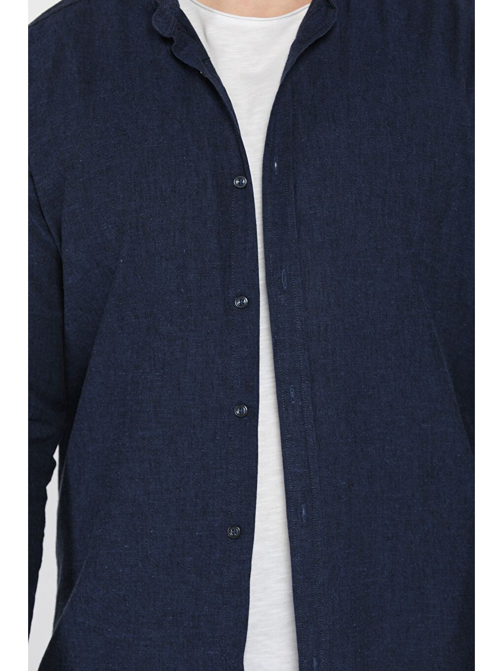 Lacivert Uzun Kol Erkek Keten Gömlek-3