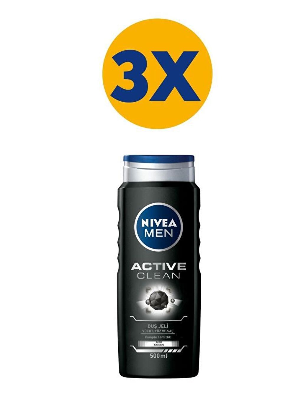 NIVEA Şeffaf Men Erkek Duş Jeli Active Clean 500 ml X3 Adet, Yüz Ve Vücut Banyo Jeli, Saç Şampuanı