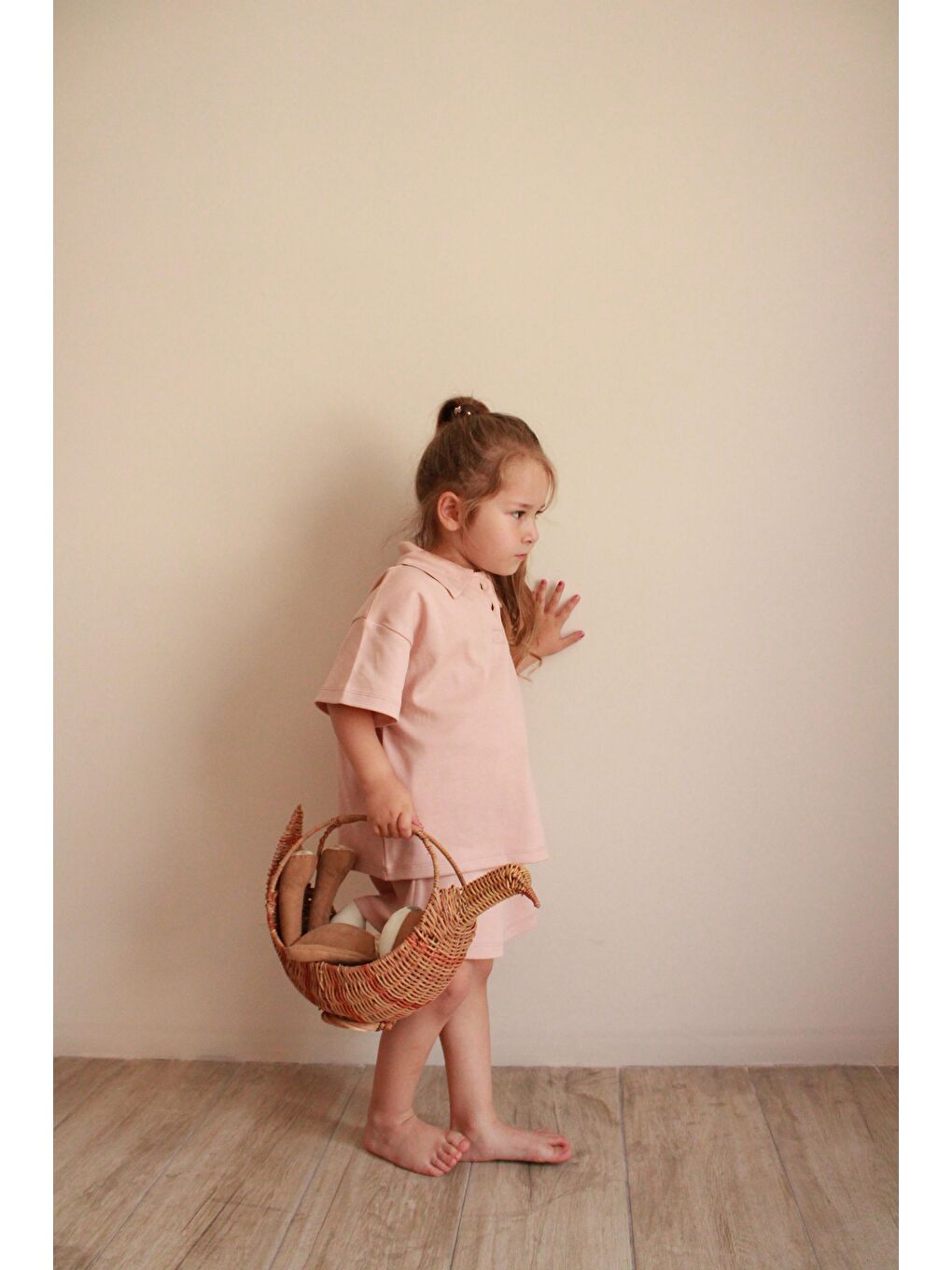 Bej Yaprak Nakışlı Polo Yaka Şortlu Takım-6