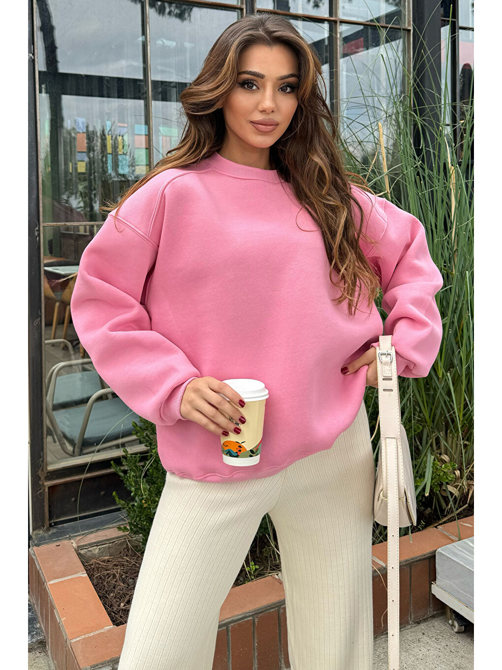 GÜLSELİ Pembe Bisiklet Yaka Oversize Kadın Sweatshirt