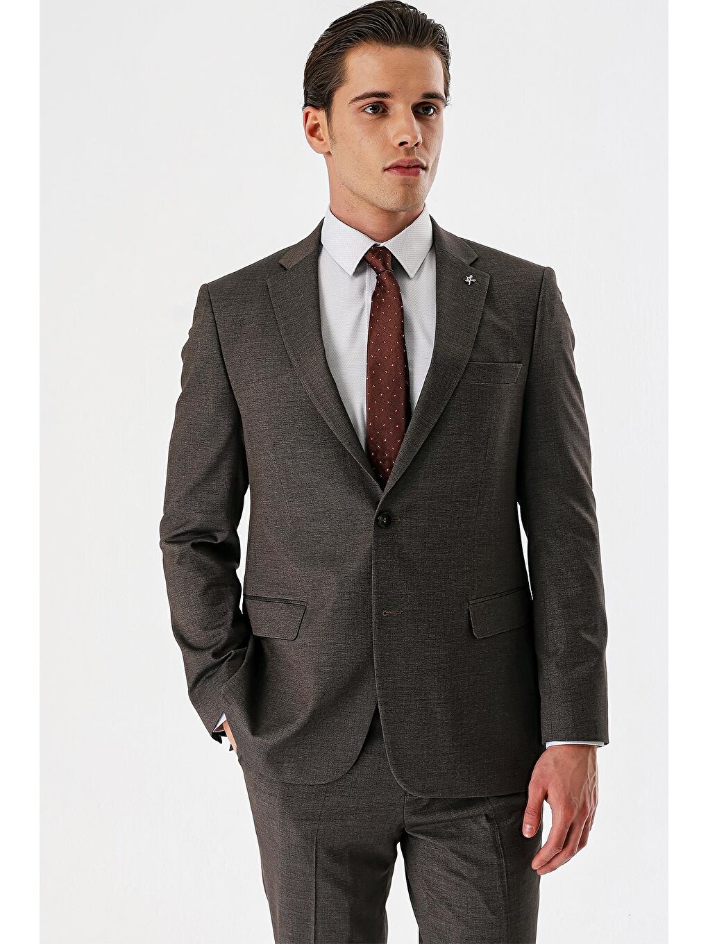 Kahverengi Armürlü Mono Yaka Beli Lastikli Elastanlı 6 Drop Comfort Fit Takım Elbise 1001240151