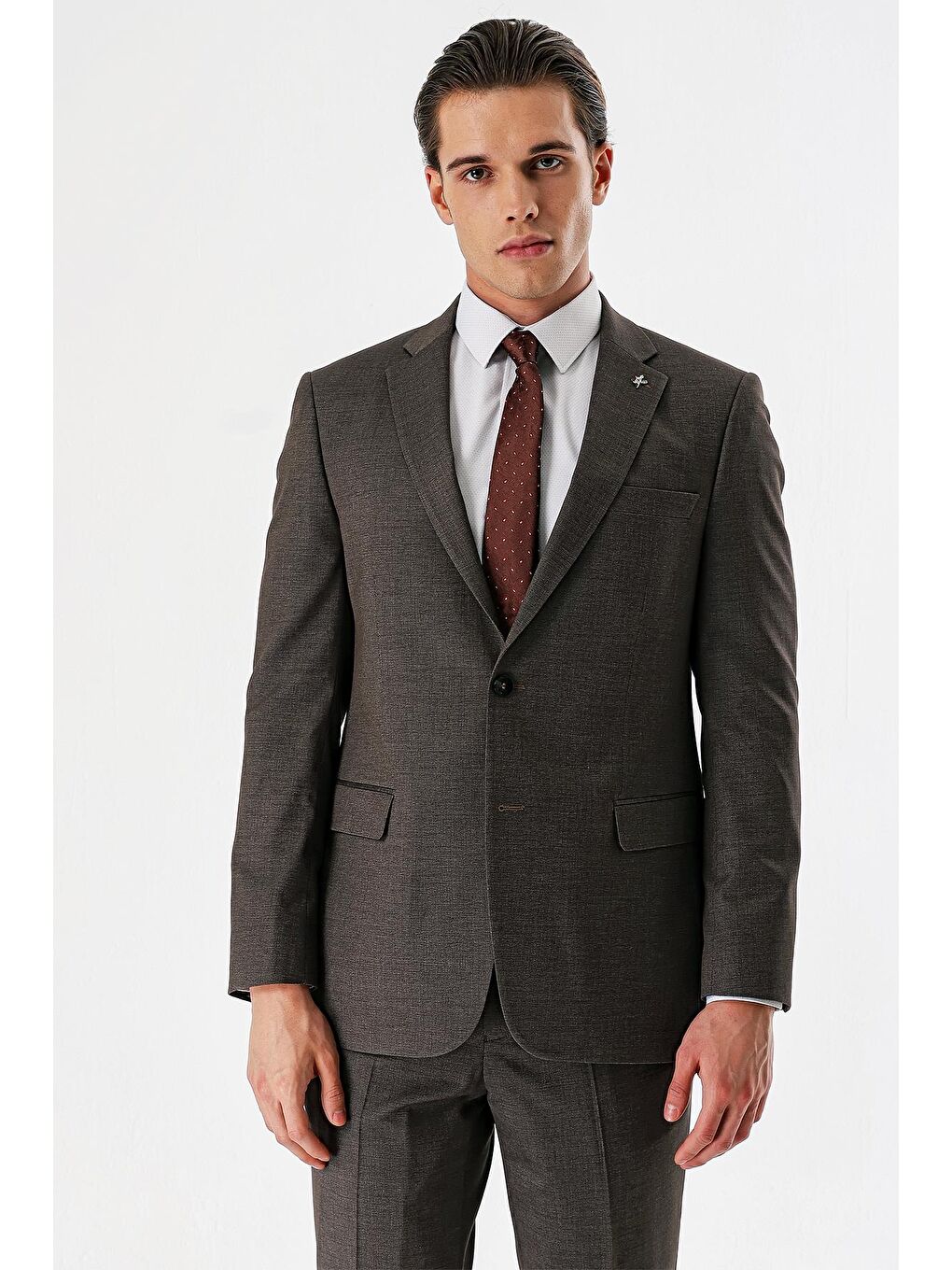 Kahverengi Armürlü Mono Yaka Beli Lastikli Elastanlı 6 Drop Comfort Fit Takım Elbise 1001240151-1