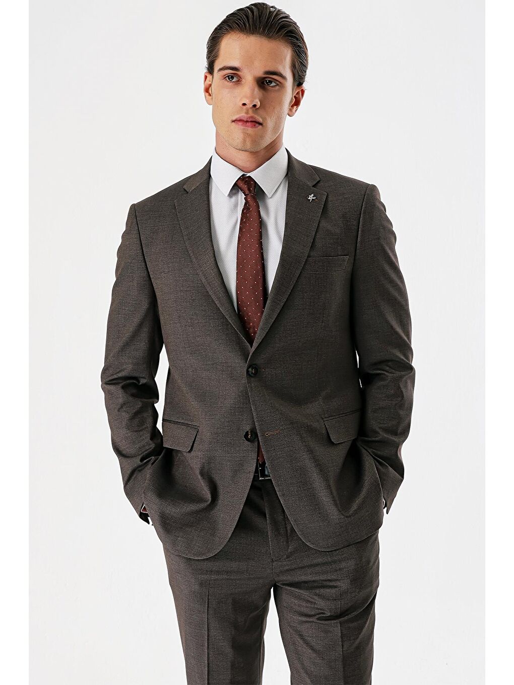 Kahverengi Armürlü Mono Yaka Beli Lastikli Elastanlı 6 Drop Comfort Fit Takım Elbise 1001240151-2