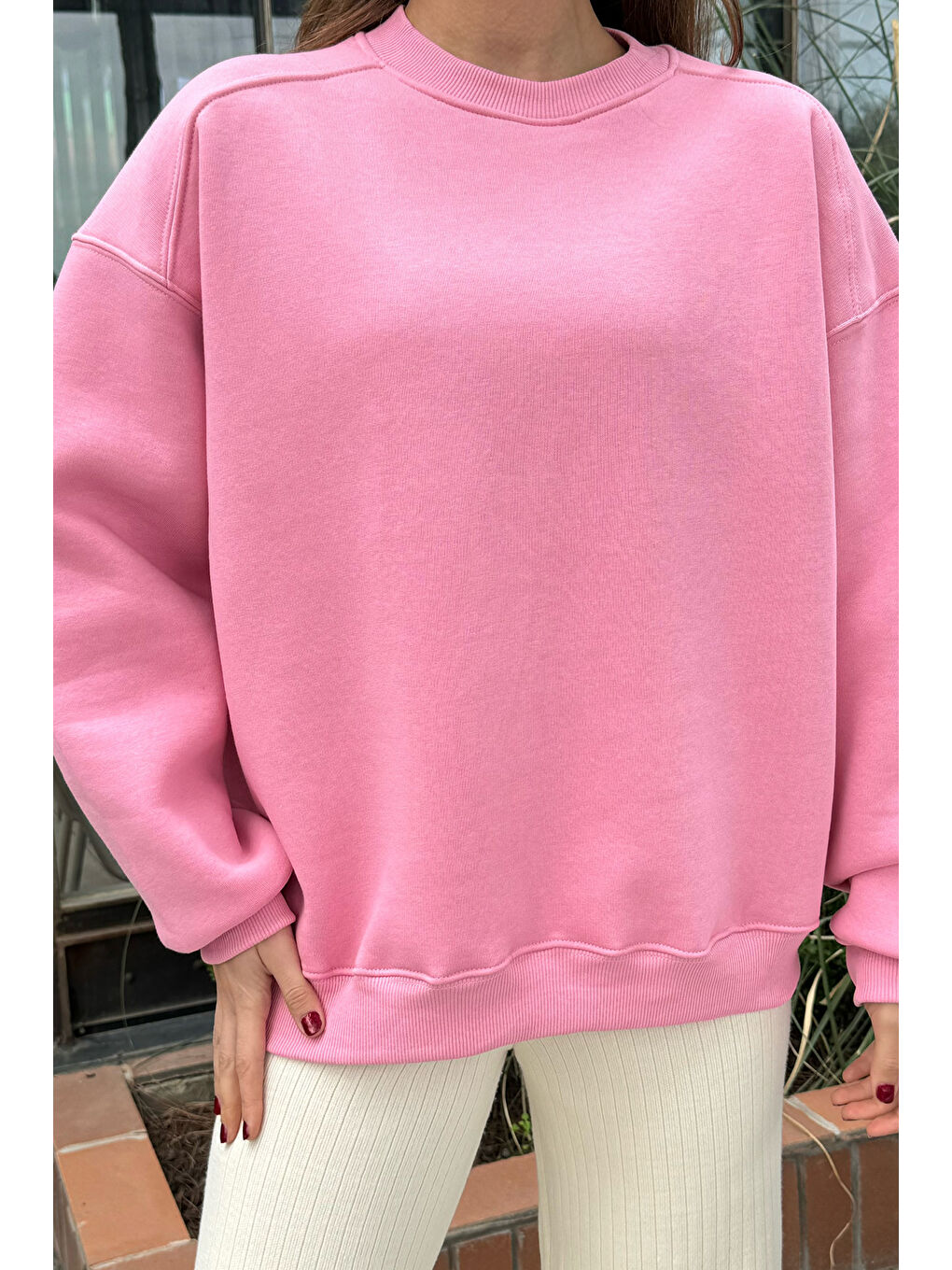 GÜLSELİ Pembe Bisiklet Yaka Oversize Kadın Sweatshirt - 2