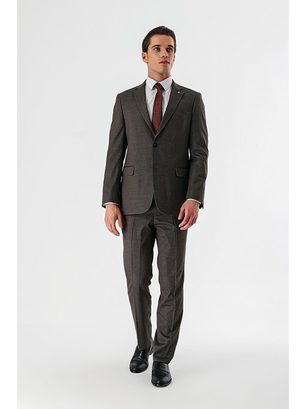 Kahverengi Armürlü Mono Yaka Beli Lastikli Elastanlı 6 Drop Comfort Fit Takım Elbise 1001240151-3