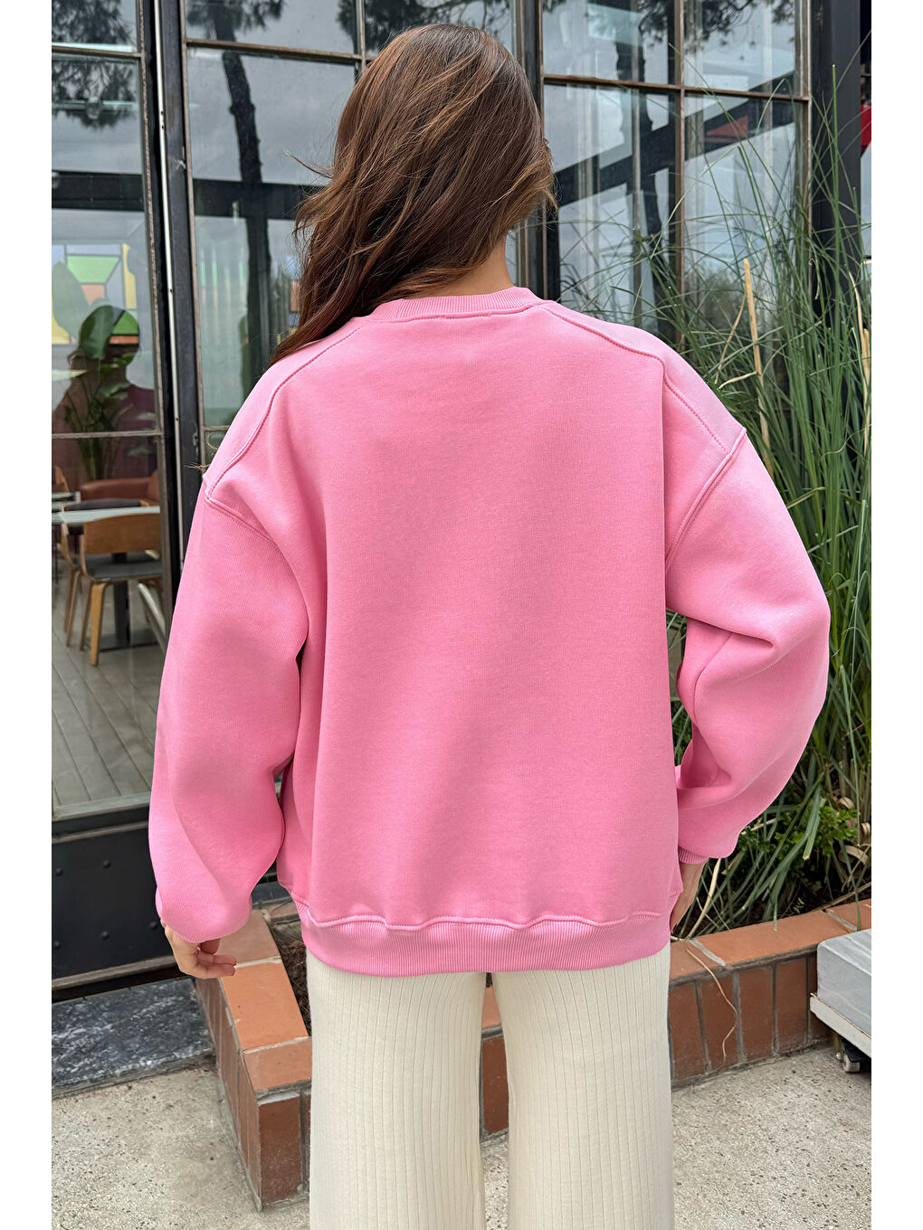 GÜLSELİ Pembe Bisiklet Yaka Oversize Kadın Sweatshirt - 3