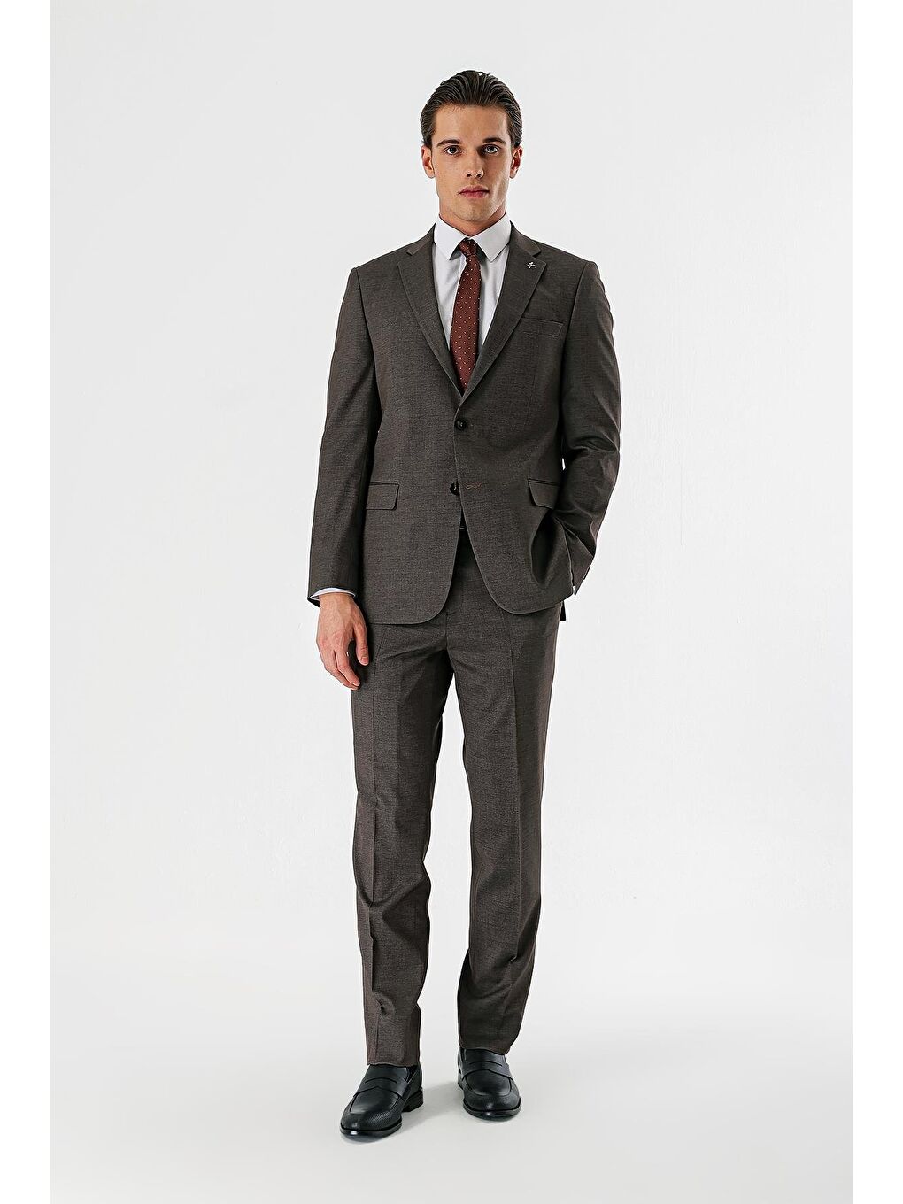 Kahverengi Armürlü Mono Yaka Beli Lastikli Elastanlı 6 Drop Comfort Fit Takım Elbise 1001240151-4