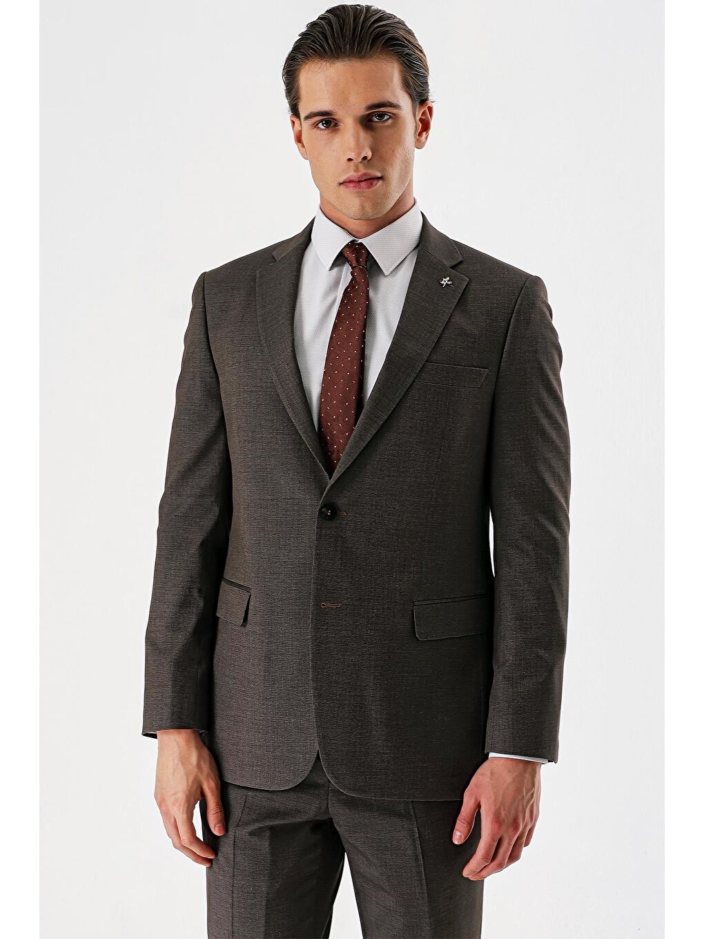 Kahverengi Armürlü Mono Yaka Beli Lastikli Elastanlı 6 Drop Comfort Fit Takım Elbise 1001240151-5