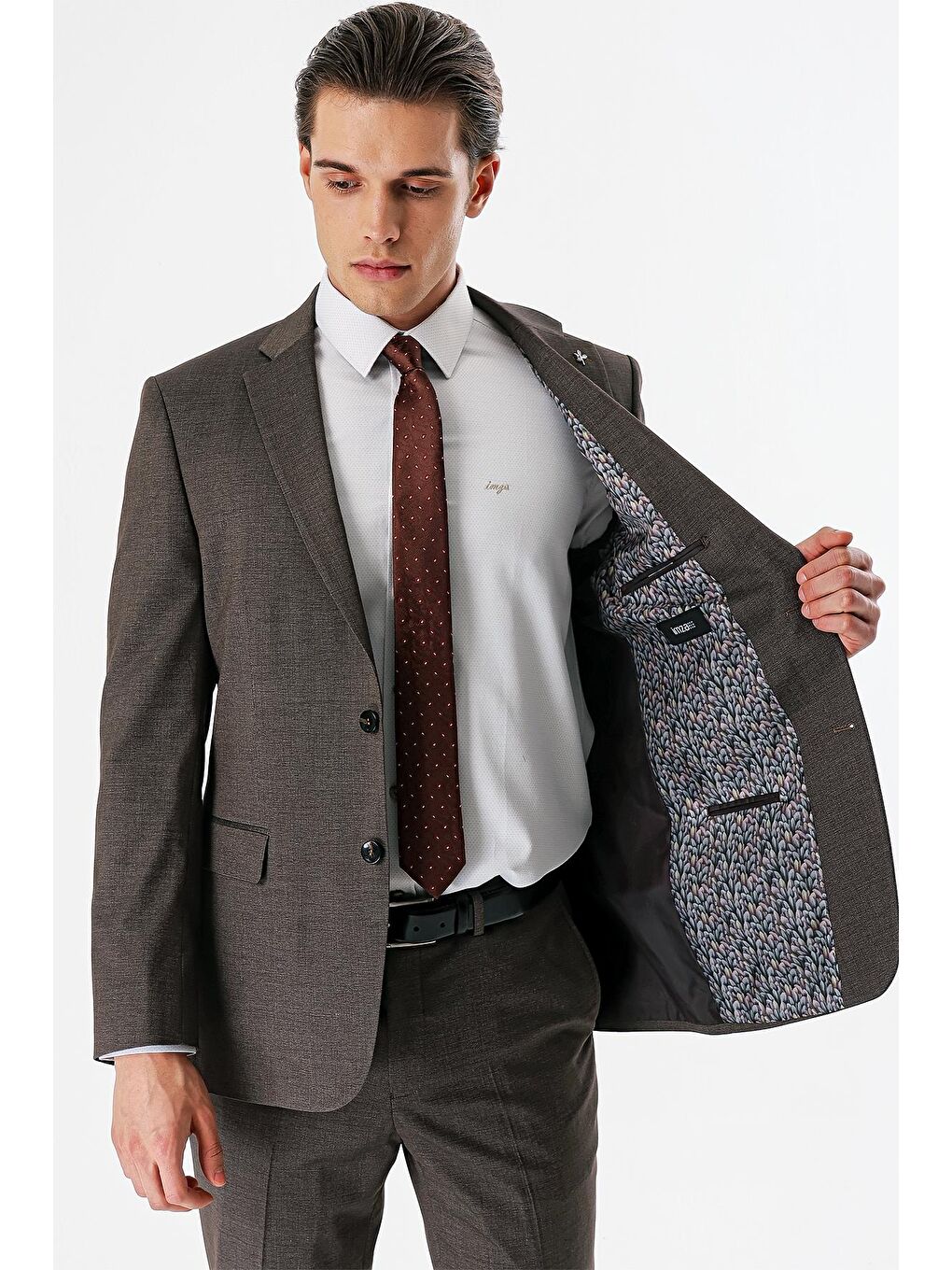 Kahverengi Armürlü Mono Yaka Beli Lastikli Elastanlı 6 Drop Comfort Fit Takım Elbise 1001240151-7