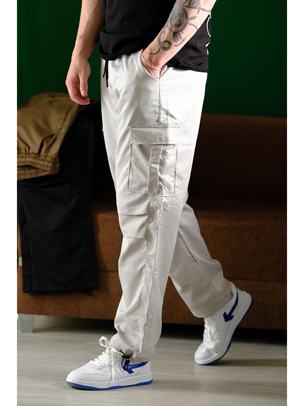 Gri Masi Baggy Kort Paraşüt Düz İpli Paça Kargo Cepli Erkek Eşofman Alt