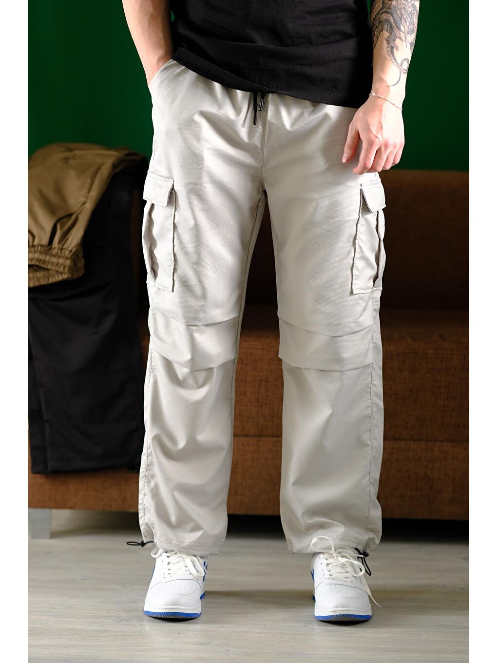 Gri Masi Baggy Kort Paraşüt Düz İpli Paça Kargo Cepli Erkek Eşofman Alt-1