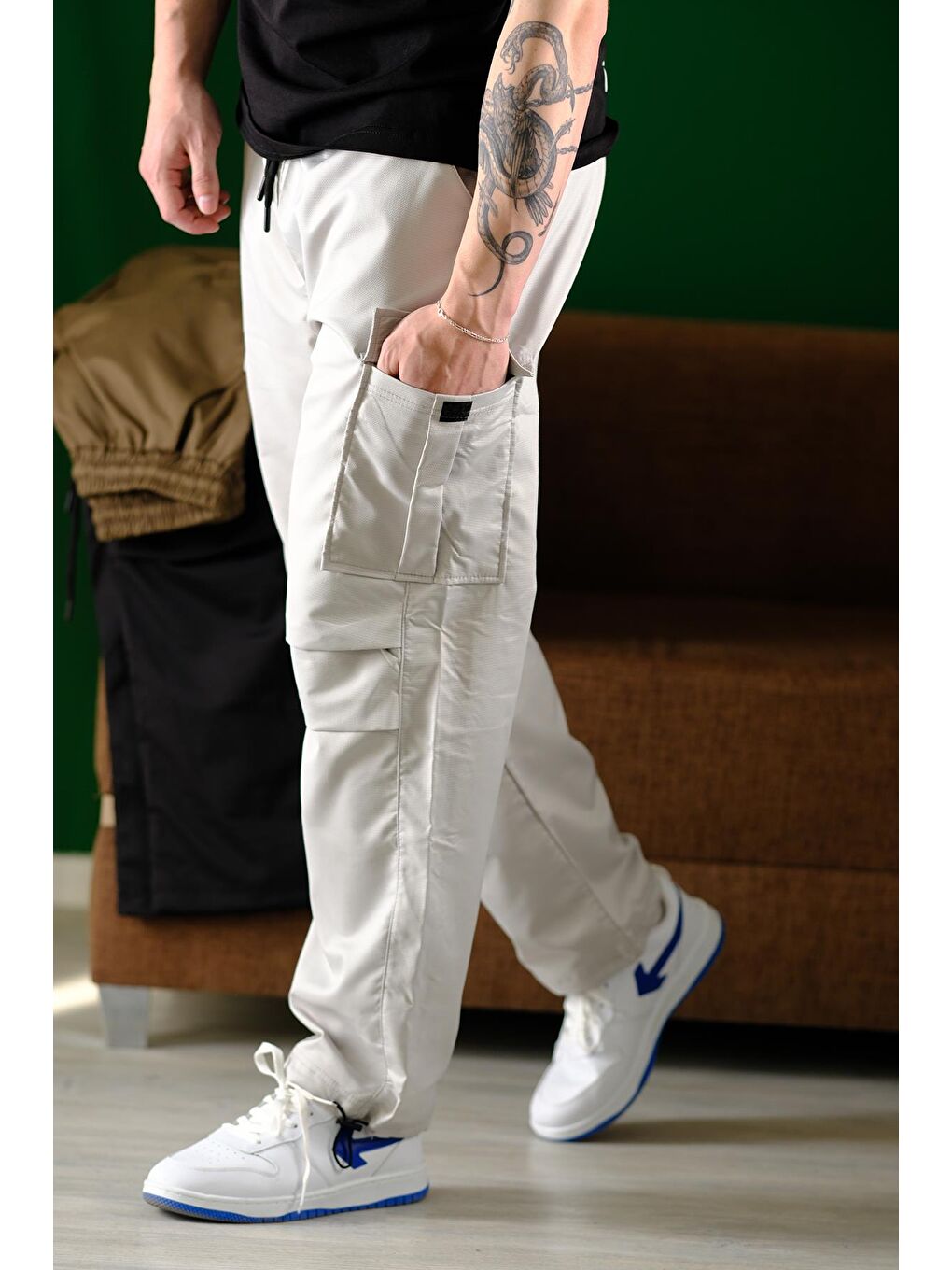 Gri Masi Baggy Kort Paraşüt Düz İpli Paça Kargo Cepli Erkek Eşofman Alt-4