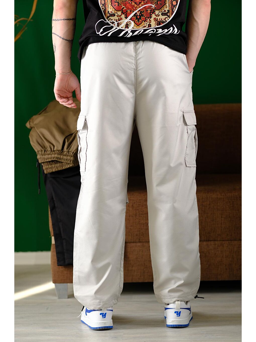 Gri Masi Baggy Kort Paraşüt Düz İpli Paça Kargo Cepli Erkek Eşofman Alt-6