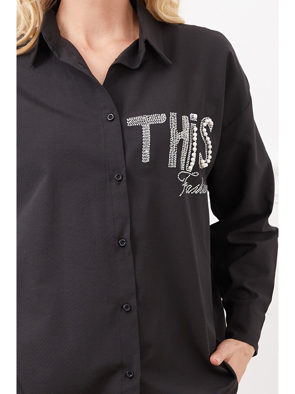 Siyah Taşlı This Baskılı Salaş Gömlek-1