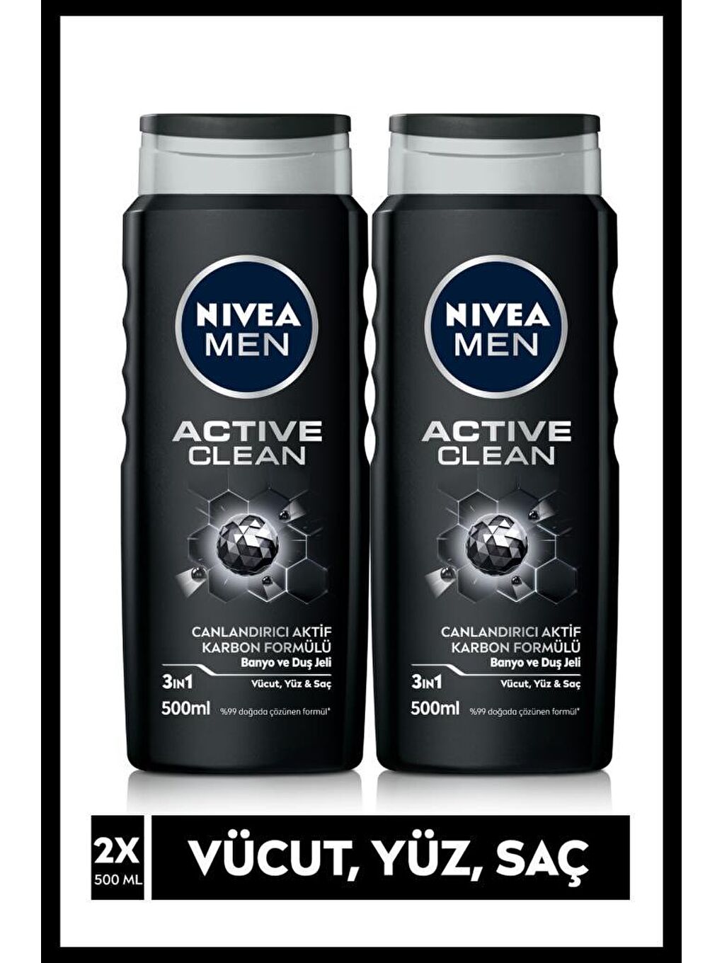 NIVEA Şeffaf Men Active Clean Erkek Duş Jeli 500 ml x2 Adet, Saç, Yüz Ve Vücut İçin